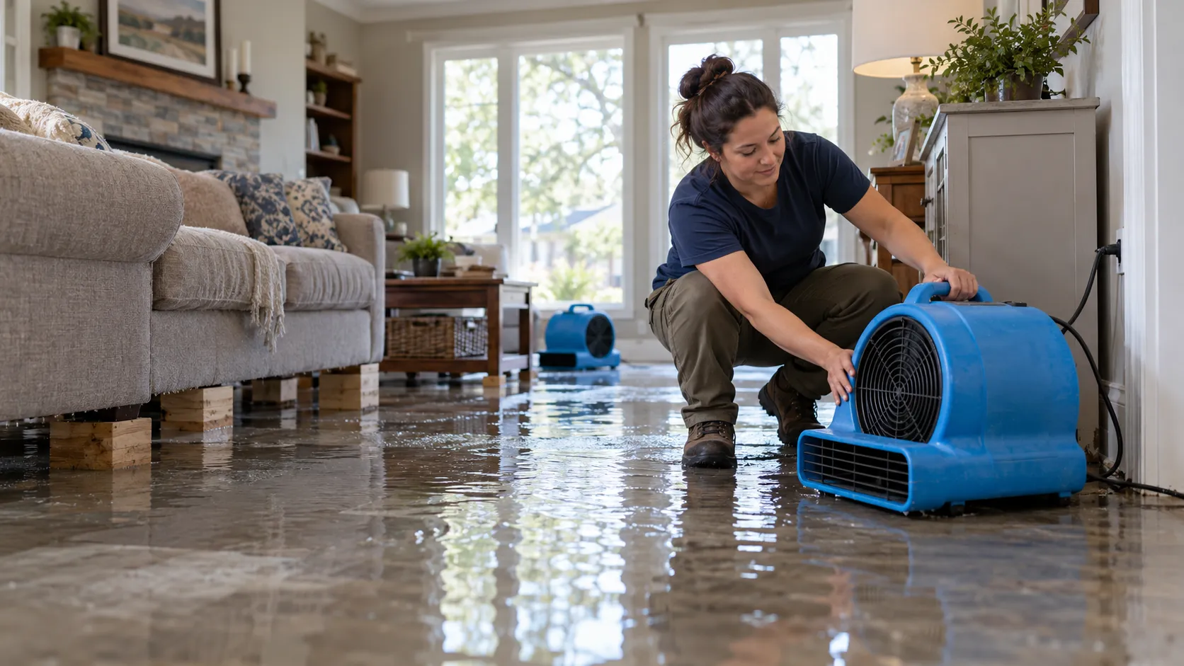Water damage restoration technician drying a flooded living room in Fort Myers